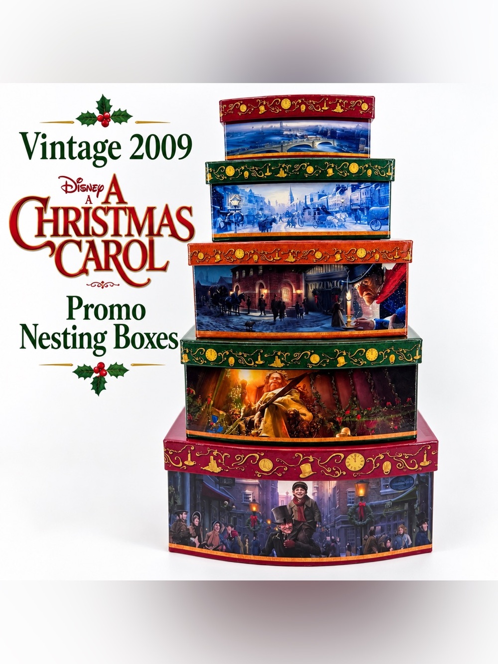Disney A Christmas Carol 2009 Promo Nesting Boxes Set of 5 Vintage Holiday Decor